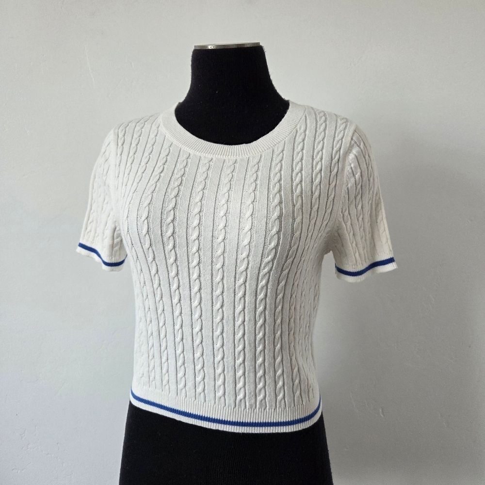 H&M Cable Knit Sweater White Blue Preppy Academia Old Money Quiet Luxury Small
